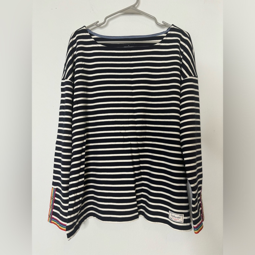 Talbots navy & white striped long sleeve blouse w/ rainbow detail Sz XL